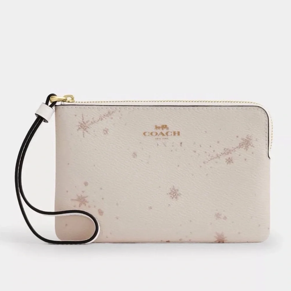 Coach Corner Zip Wristlet with Star Print Gold/Chalk NWT